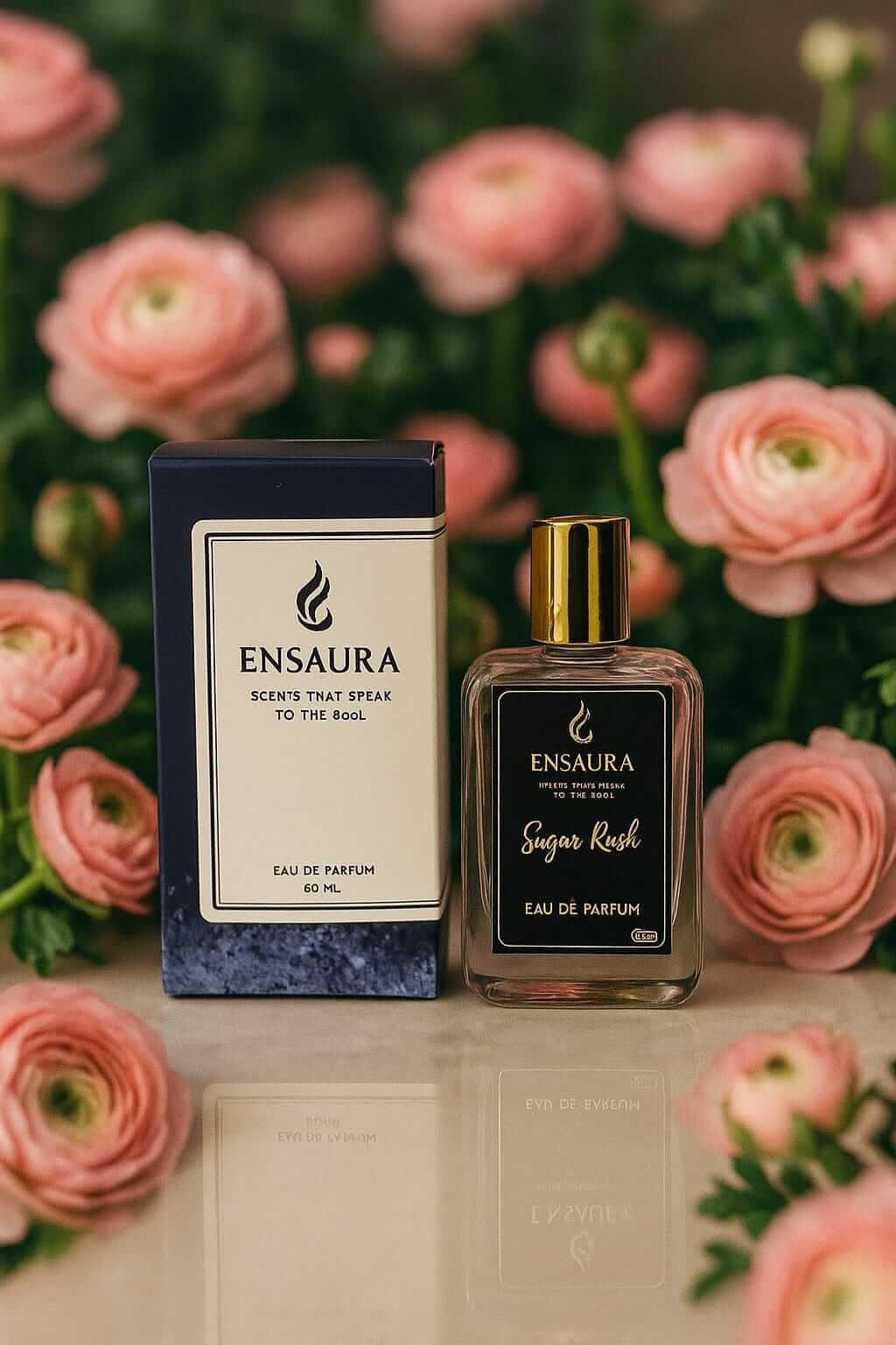 Sugar Rush women's perfume in elegant packaging surrounded by pink flowers, showcasing a sweet and playful fragrance.