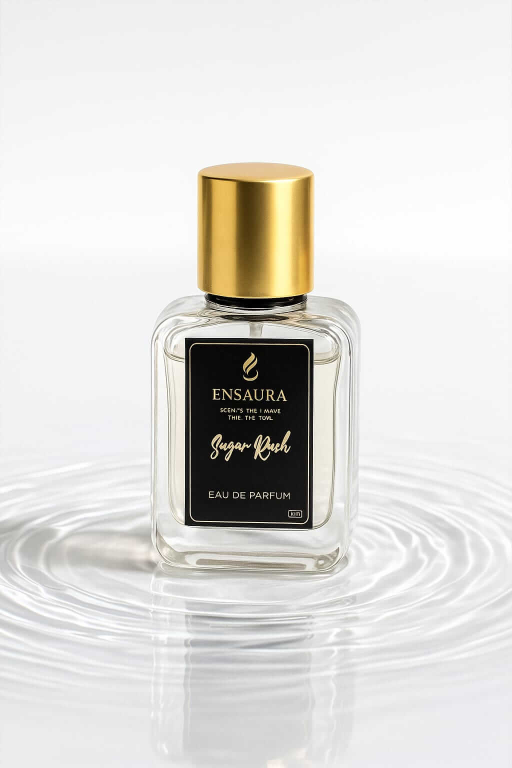 Sugar Rush perfume 50ml by EnsAura, featuring a sleek bottle with gold cap, set against a serene water background.