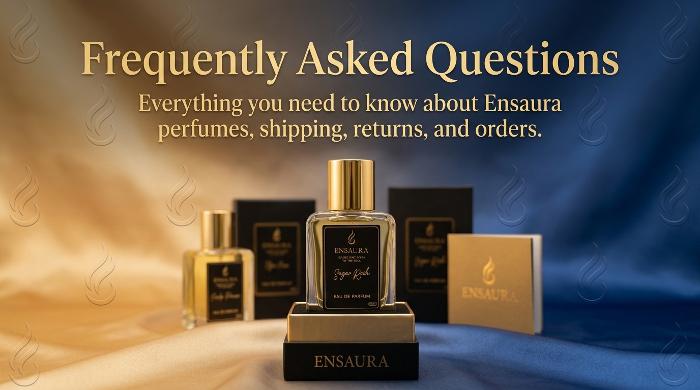 Luxury FAQ page design for Ensaura perfume website with shipping, returns, payments and fragrance questions