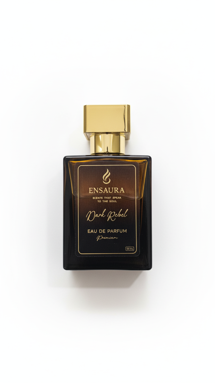 Ensaura Dark Rebel perfume bottle spicy woody long lasting fragrance