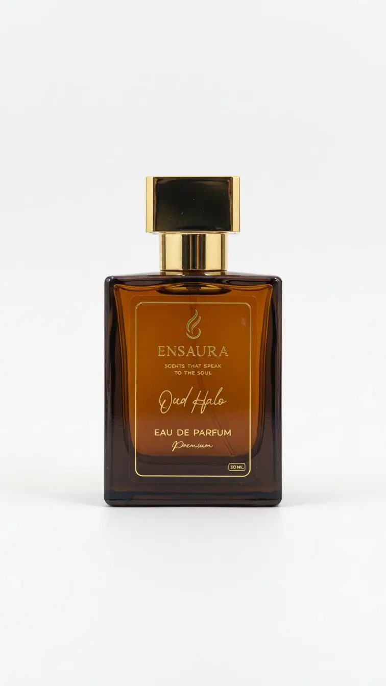Ensaura Oud Halo luxury oud perfume bottle long lasting fragrance
