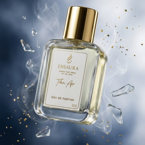 Luxury Ensaura Titan Air Eau de Parfum bottle with gold cap surrounded by mist and glass shards on a blue background